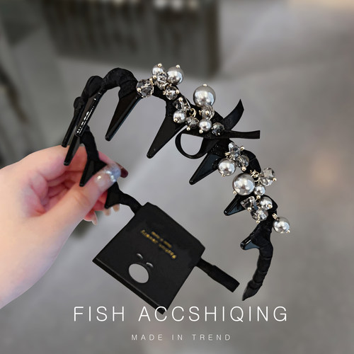 珍珠水钻蝴蝶结发箍女波浪高颅顶