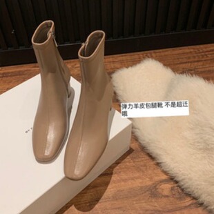 现货~葡萄妈studiolee 韩女氛围~气质方圆头弹力羊皮侧拉链包腿瘦