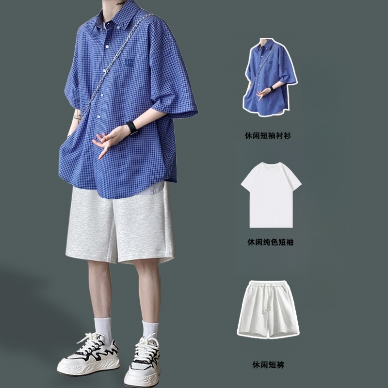 GXG夏季休闲格子短袖衬衫男美式潮牌学生衬衣套装帅气男装搭配三