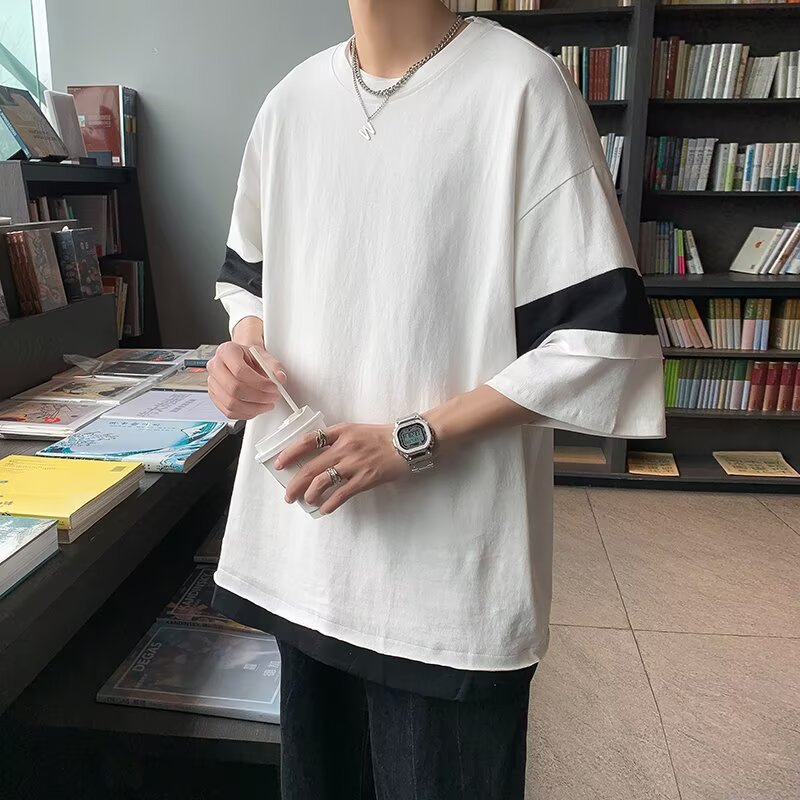 GXG男装白色七分短袖t恤男潮牌ins欧美高级感上衣服潮流夏季overs