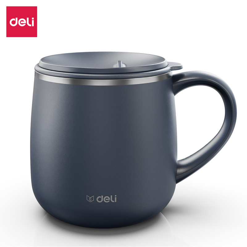 得力LL602-FBE保温马克杯子带盖不锈钢简约办公室家用咖啡杯泡茶