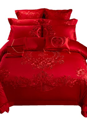 A6L140s支婚庆四件套刺绣婚房床上用品大红色喜被子结婚六十