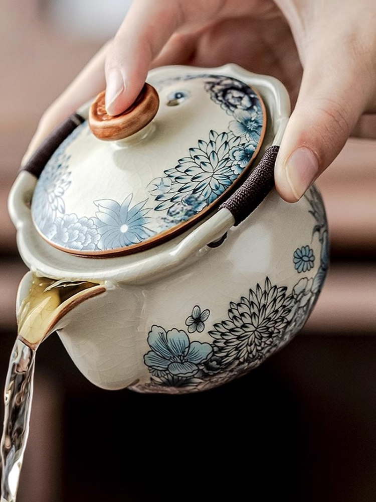 青花汝窑手抓壶防烫功夫茶具茶碗带盖单个高档泡茶壶盖碗礼盒送礼