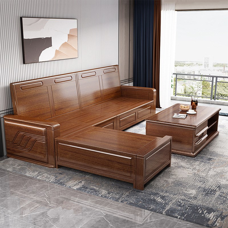 新中式红檀木沙发实木组合布艺现代简约家用储物贵妃沙发客厅家具