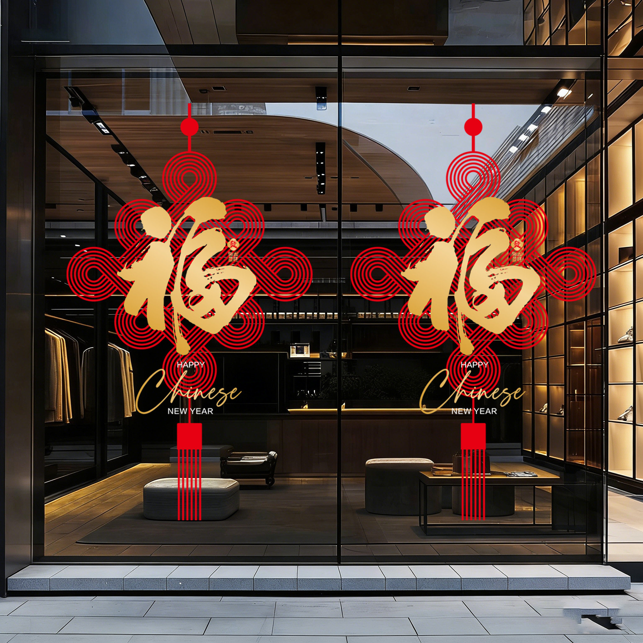 2026新年中国结福茶馆玻璃门静电贴纸新窗花店铺春节布置贴画阳台,家居饰品,门贴,淘宝优惠券,粉丝福利购,淘宝优惠卷