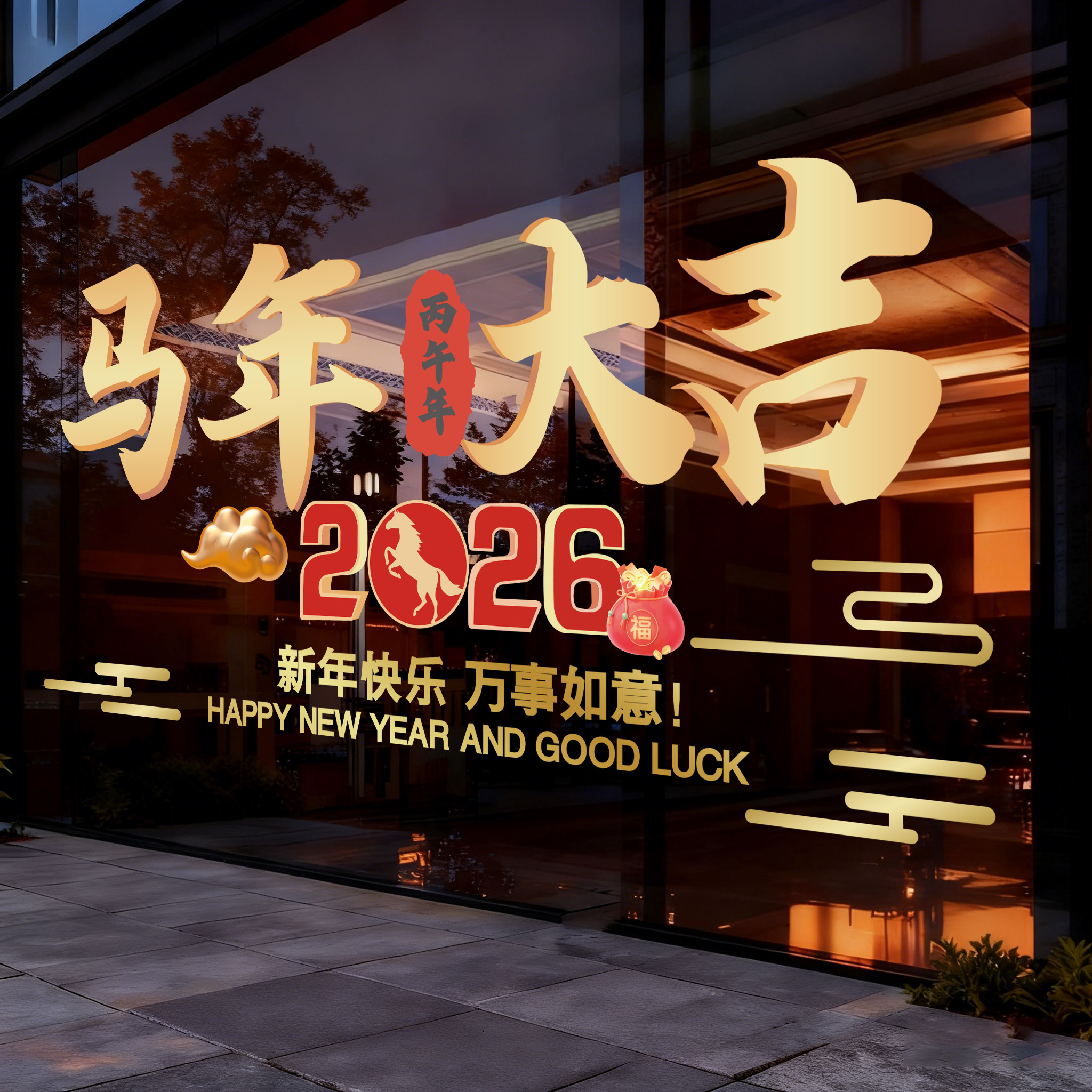 2026马年玻璃门布置贴画静电贴