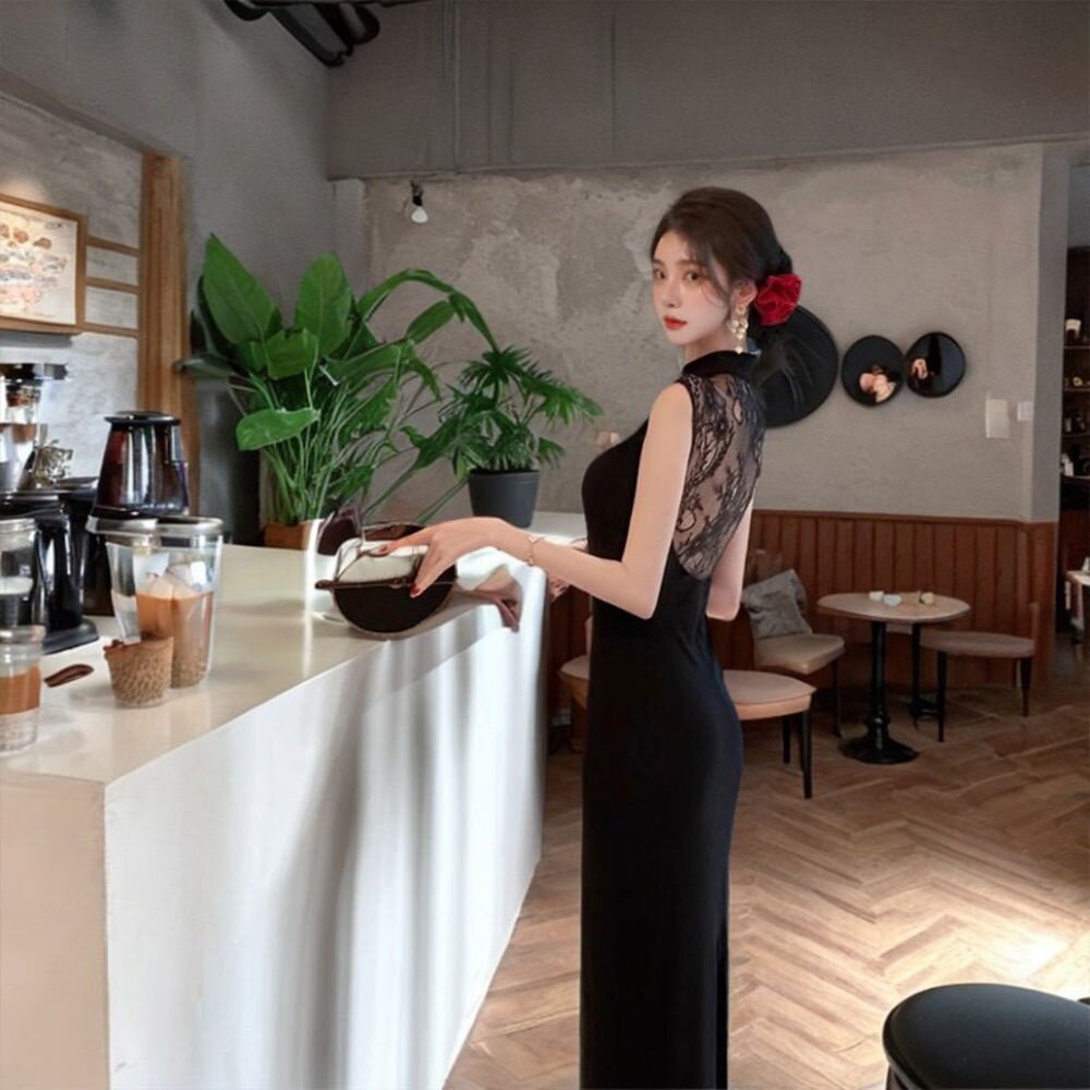 The FoldTZ4135新中式蕾丝拼接旗袍连衣裙女夏新款国风纯欲修身