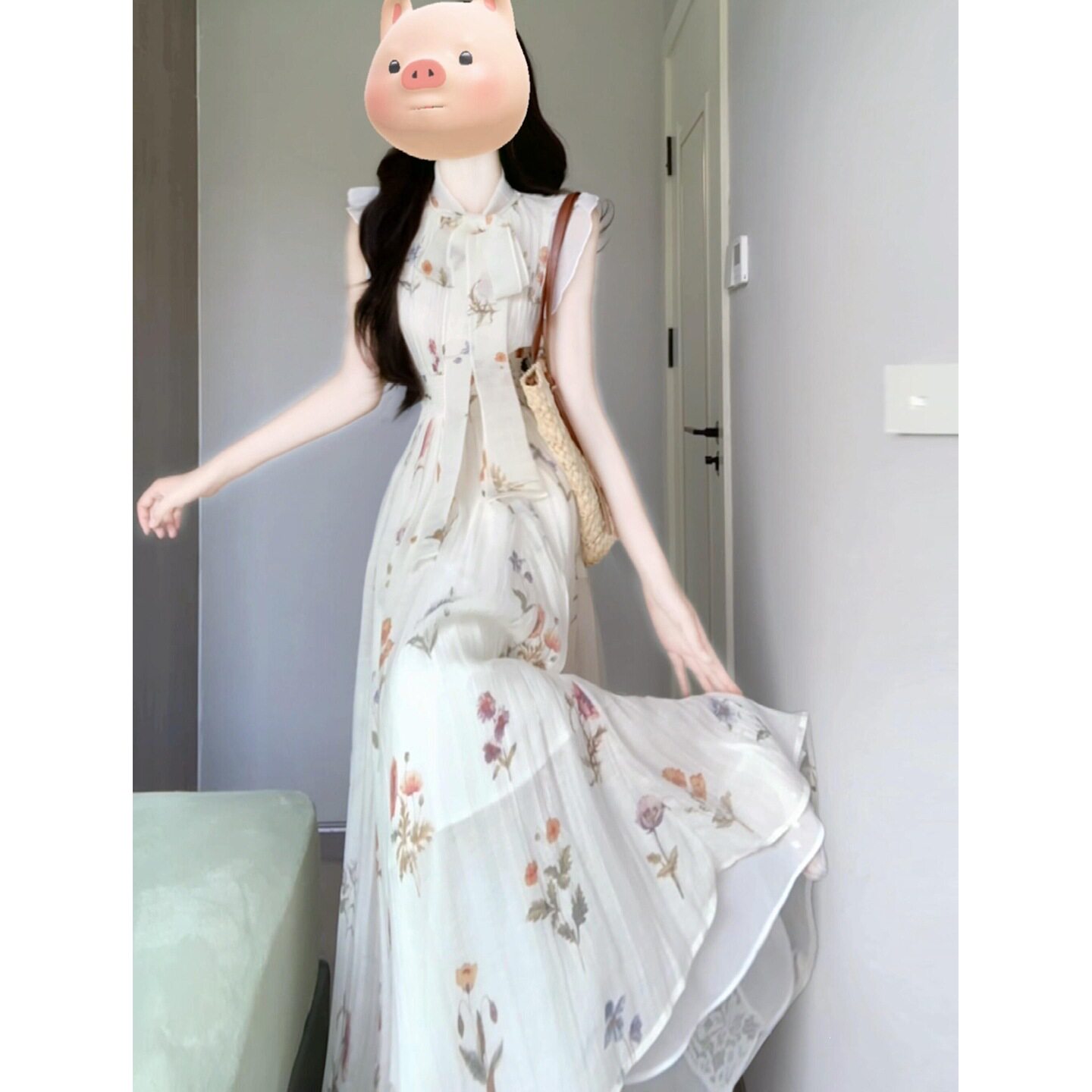 The Fold韩系千金高智感法式碎花连衣裙子女夏新款收腰蝴蝶结系带