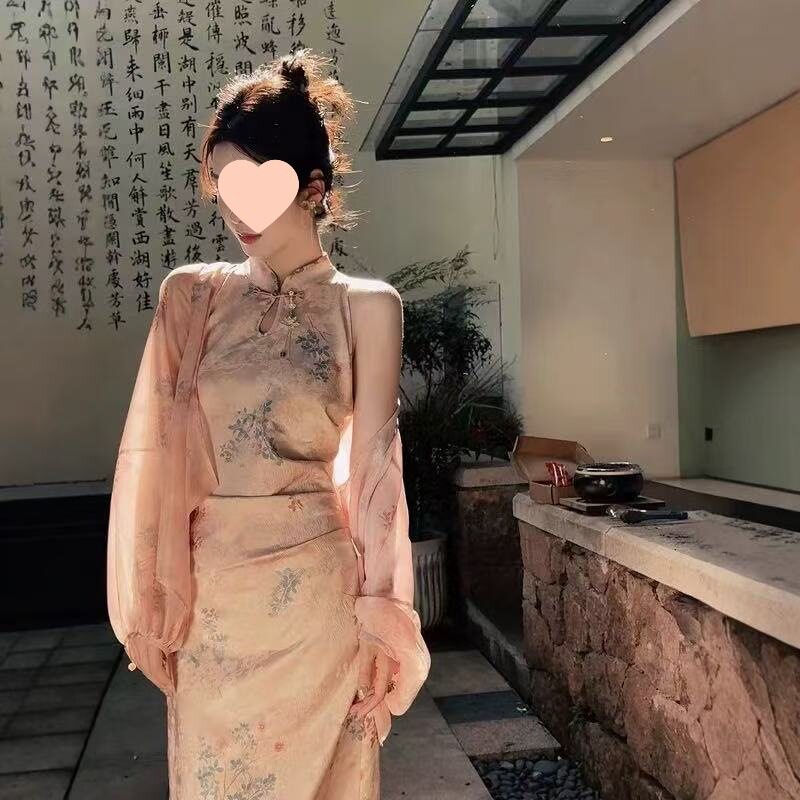 新中式改良旗袍露肩披肩两件套