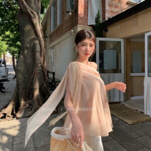 the fold【seguyx 涩谷】法式斜肩雪纺衫设计感小众感气质上衣