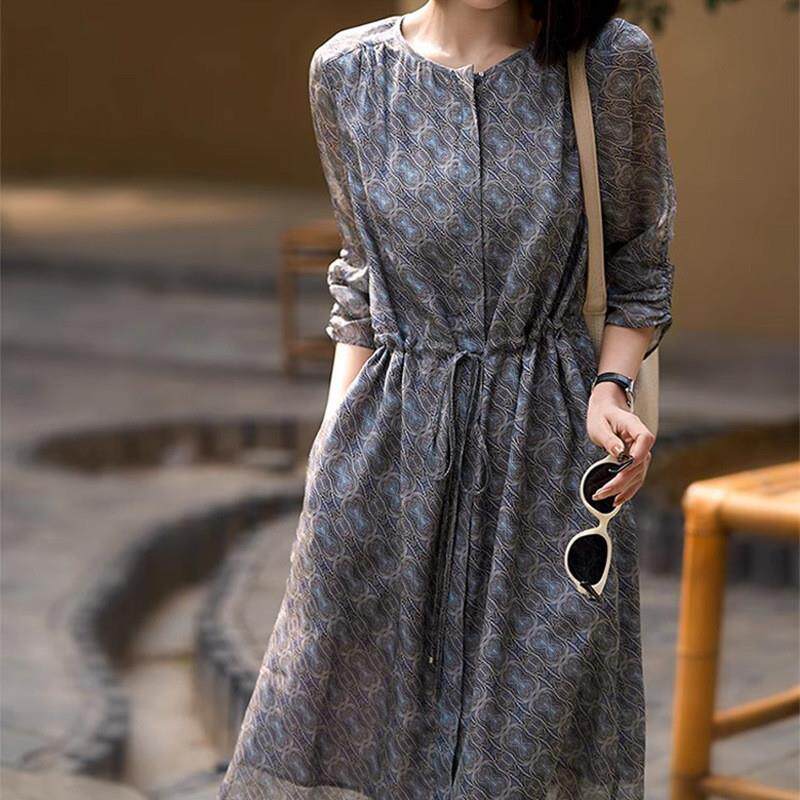 质感真丝连衣裙高端桑蚕丝碎花中长款收腰甜妹风裙子杭州女装夏季