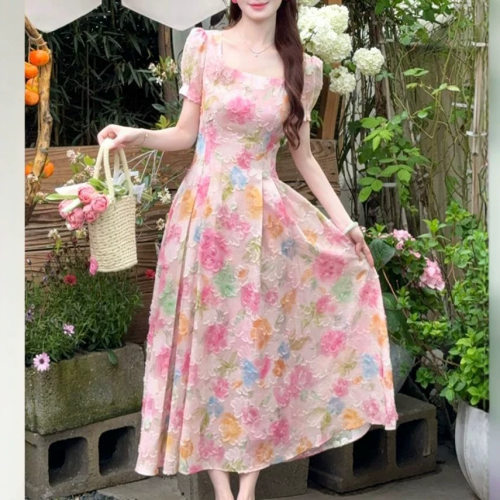 LiLi李李家【蔷薇花季】法式度假风渐变长裙粉色花朵大摆连衣裙女