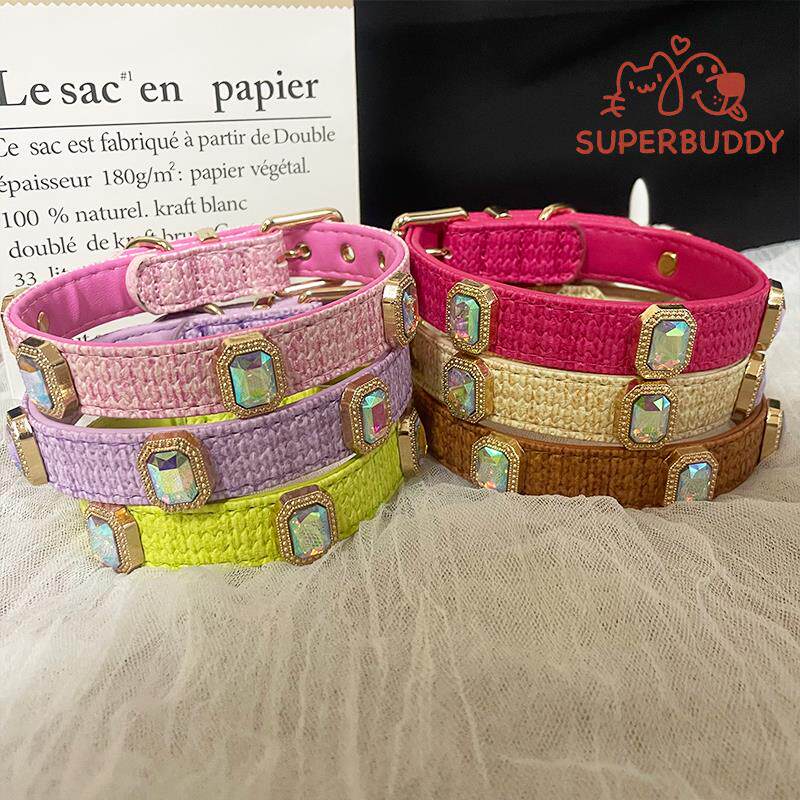 Superbuddy新品双面PU宝石方钻狗项圈多色编织狗狗项圈