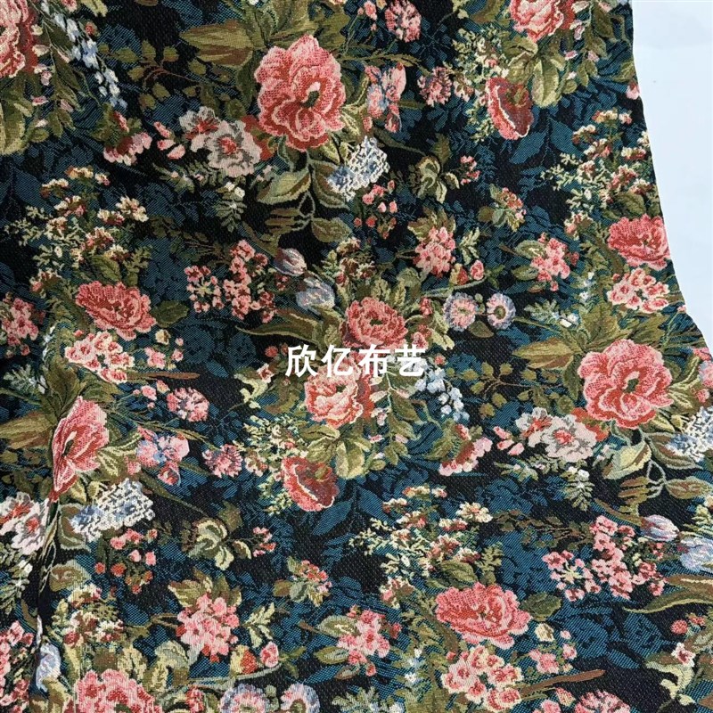[一米价]美式复古沙发布色织提花桌布抱枕坐垫布油画风蔷薇花面料