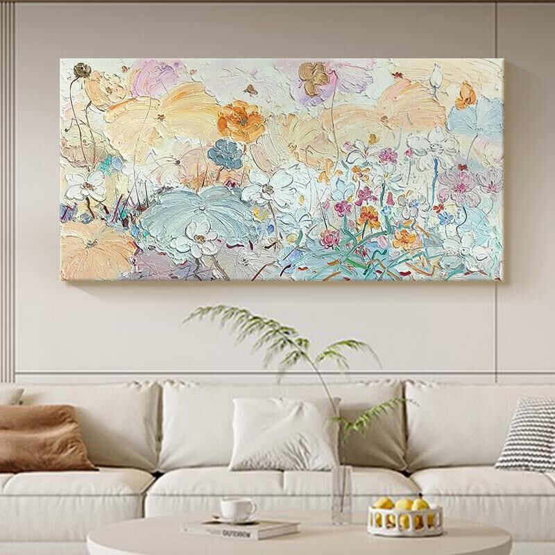 奶油风荷花手绘油画客厅装饰画玄关餐厅挂画抽象花卉厚肌理丙烯画