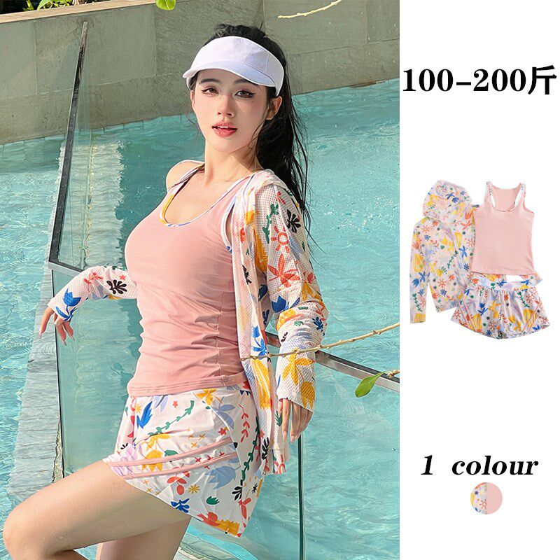 新款微胖大码胖mm泳衣女分体三件套罩衫长袖连R帽遮肉显瘦少女减