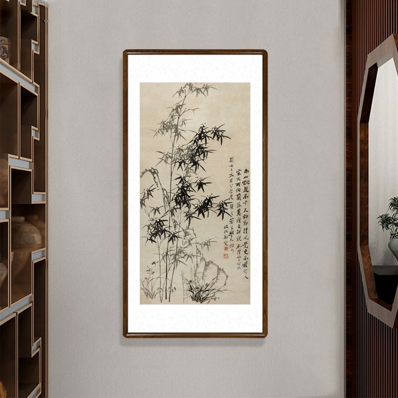 郑板桥竹石兰蕙图k国画竹子写意水墨画中式客厅装饰画玄关竖版挂
