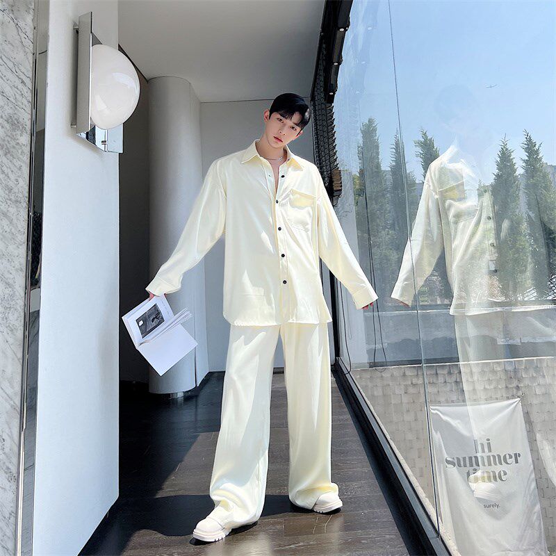 夏季超滑醋酸料禁欲衬衫套t装男宽松韩版网红慵懒风垂感长裤两件,男装,时尚套装,淘宝优惠券,粉丝福利购,淘宝优惠卷