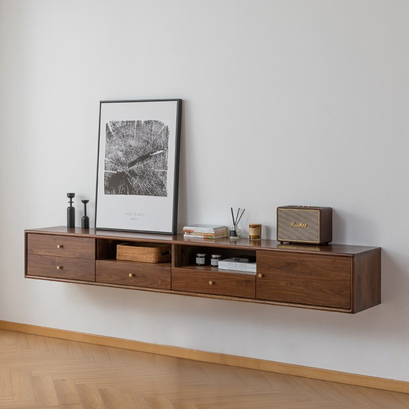 挂墙电视柜壁挂式实木简约黑胡桃木客厅悬挂式大户型悬空吊柜背景