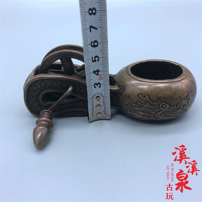 纯黄铜老古董代龙戏珠纹饰老墨斗老物件复古微雕古玩杂项收藏