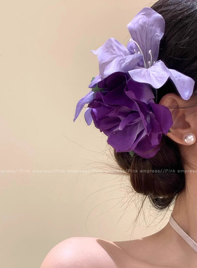 紫色玫瑰花朵发夹女2025新款拍照氛围感头花发卡仿真花侧边夹发饰