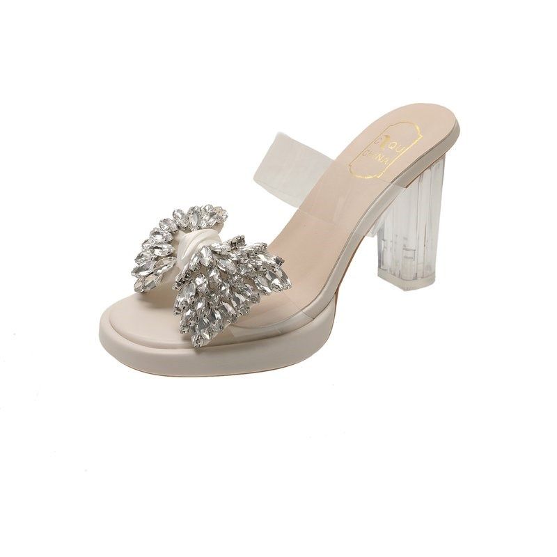 防水台高跟透明凉拖鞋女夏季外穿水晶粗跟小码一字拖W外穿水钻凉,女鞋,一字拖,淘宝优惠券,粉丝福利购,淘宝优惠卷