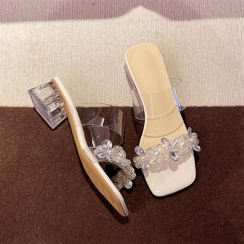 法式透明水晶粗跟中跟绝美仙气水钻一字凉拖鞋女P夏外穿2025新款,女鞋,一字拖,淘宝优惠券,粉丝福利购,淘宝优惠卷