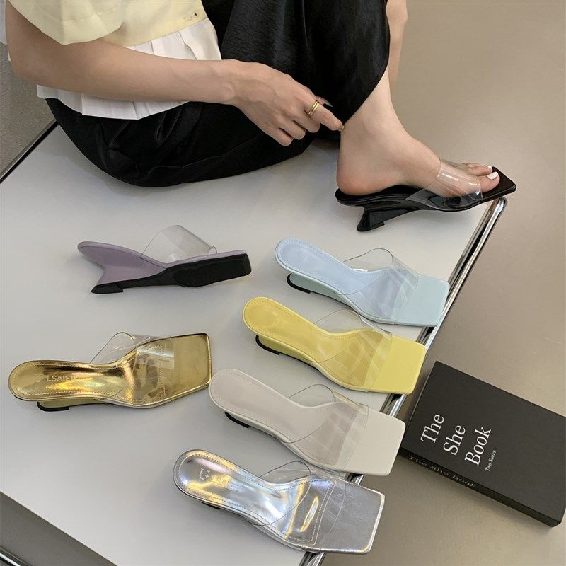 法式气质透明带凉拖鞋仙女鞋子夏天外穿坡跟高跟鞋凉鞋2Y025水晶,女鞋,一字拖,淘宝优惠券,粉丝福利购,淘宝优惠卷