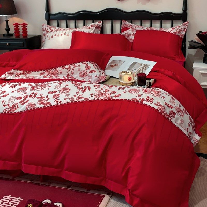 简约结婚四件套大红色婚礼新B婚被套婚庆床上用品婚房陪嫁,床上用品,婚庆床品套件,淘宝优惠券,粉丝福利购,淘宝优惠卷