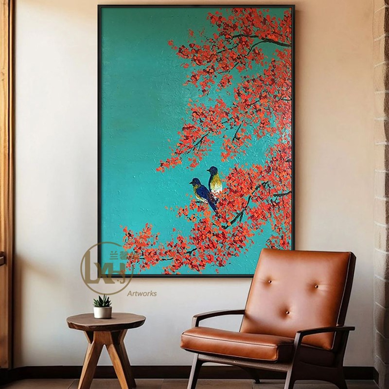 覆古风格门厅纯手绘喜鹊梅花质感油画客厅装饰画,新中式挂画