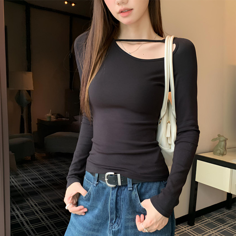 纯欲风设计感辣妹性感镂空斜领T