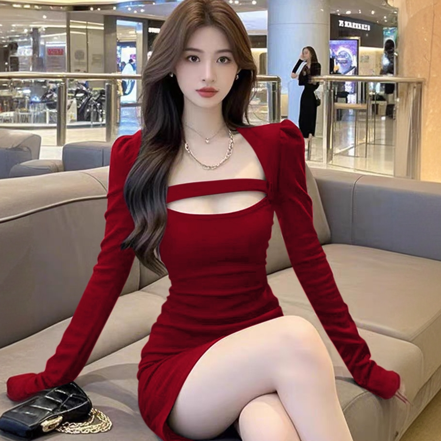 春秋季红色气质连衣裙女辣妹风镂空性感包臀裙紧身显瘦时尚短裙子