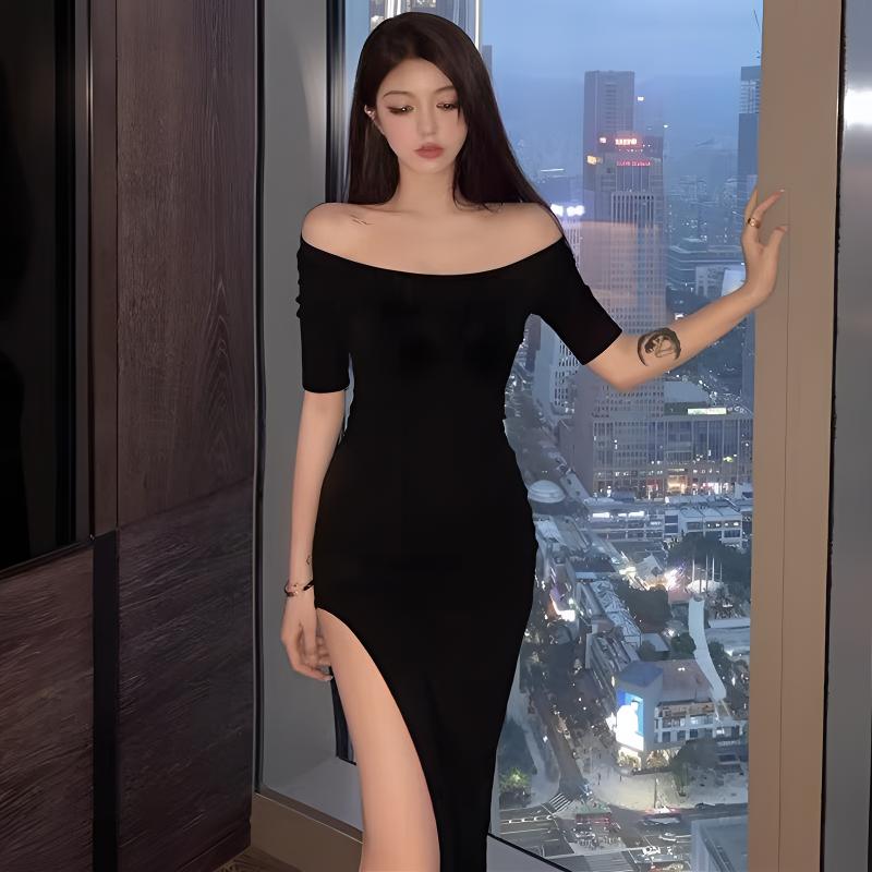 赫本风黑色性感一字肩开叉连衣裙