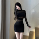 网红性感辣妹拼网纱长袖 小黑裙街头洋气高腰修身 包臀显瘦连衣裙女