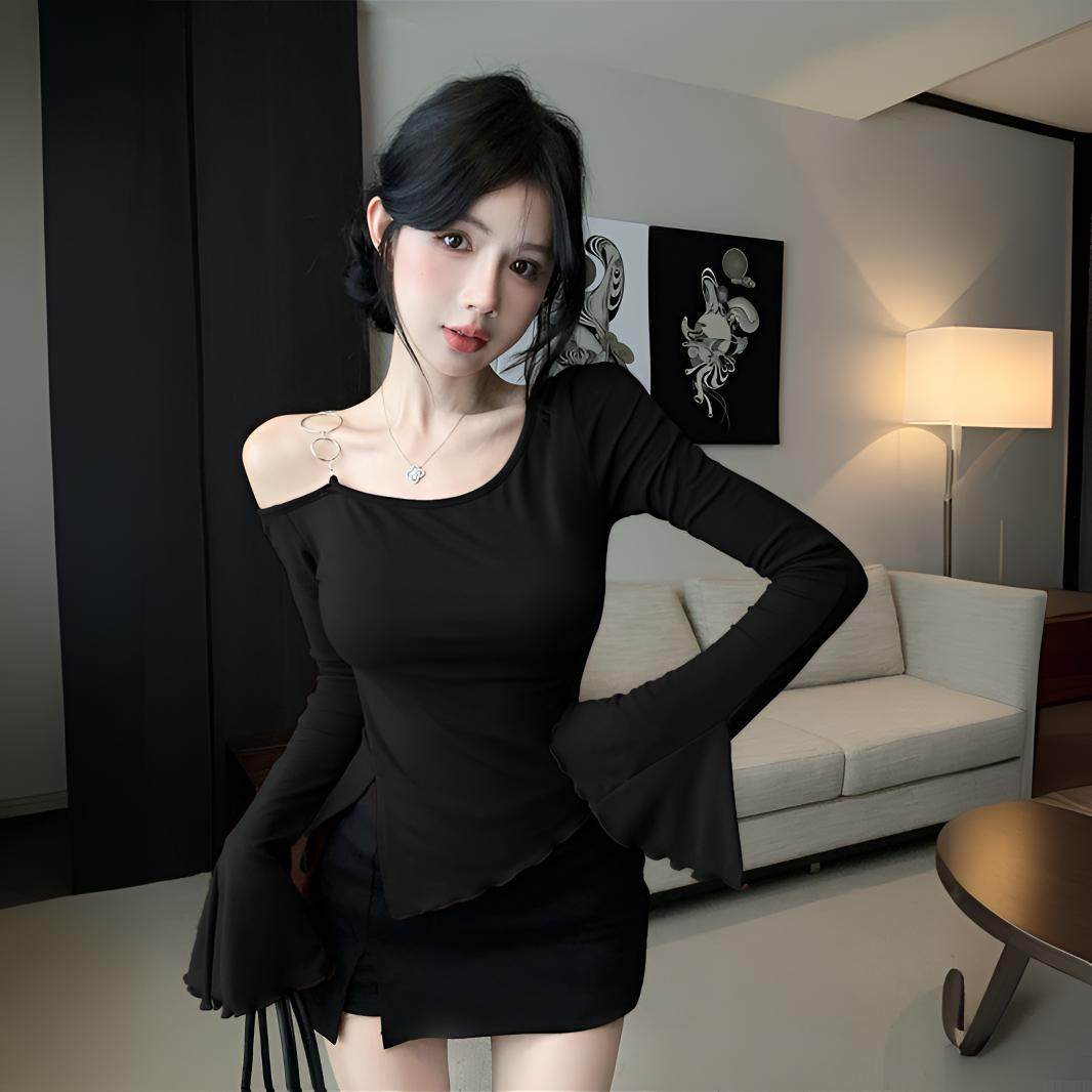 2025新款不规则斜肩长袖t恤女秋冬纯欲辣妹一字肩上衣打底衫内搭