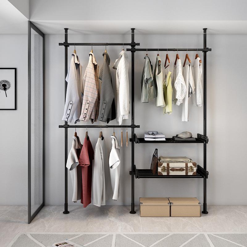 免打孔衣架落地卧室简易衣帽架家用室内挂衣架不锈钢伸缩杆晾衣架