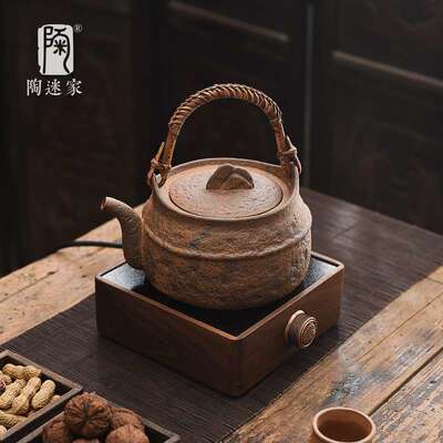 陶迷大号藤编提梁壶围炉煮茶胡桃木电陶炉自在钩套装陶瓷烧水壶