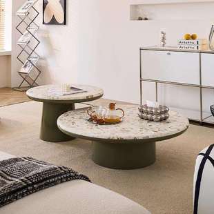 水磨石大小圆形茶几组合客厅家用小户型现代简约绿色奶油风小茶桌