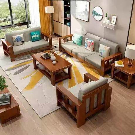 实木沙发1+2+3客厅组合现代中式单双多人位贵妃转角布艺沙发