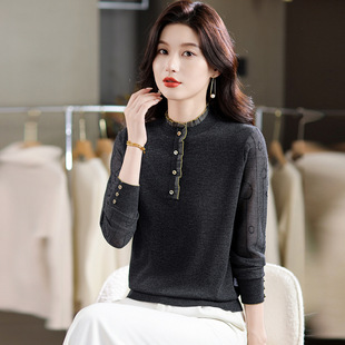 娜家商场同款木耳边蕾丝毛衣女春秋薄款半高领时尚羊毛针织打底衫