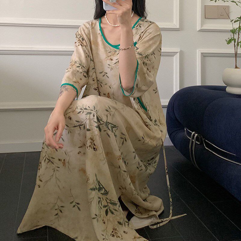改良旗袍棉绸睡裙女2024夏季新款文艺圆领少女宽松印花人棉裙子薄