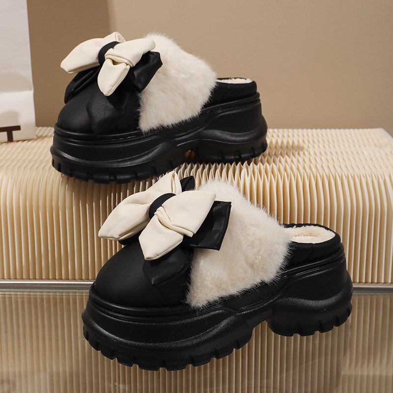 高颜值棉拖鞋女款冬季厚底7cm高跟外穿时尚PU皮防水加绒保暖拖鞋