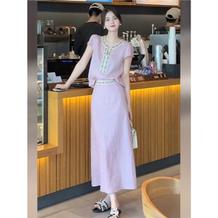 2640粉色亚麻套装新款女装夏季今年流行的漂亮棉麻上衣裙子两