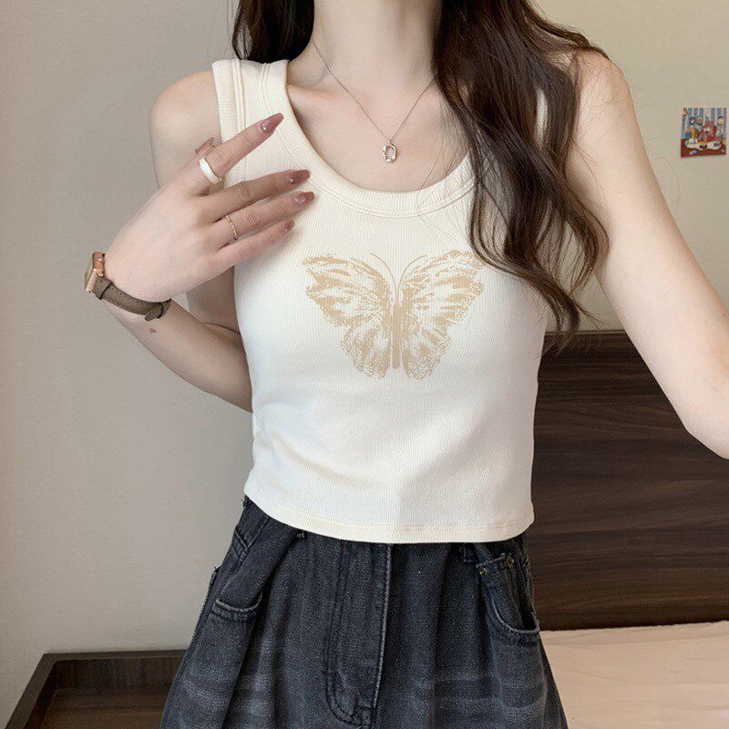 美式工字短款吊带小背心女夏内搭外穿高级感复古印花修身无袖上衣