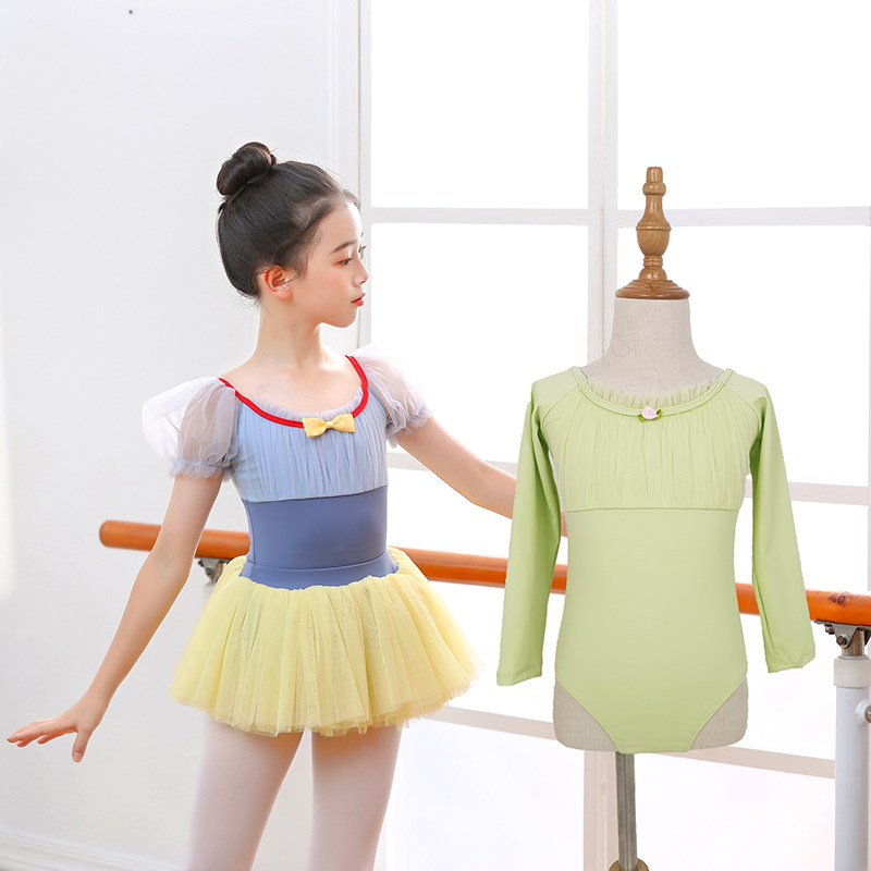 儿童舞蹈服装公主裙秋冬长袖蕾丝蓬蓬裙女童练功服尼龙芥末绿演出