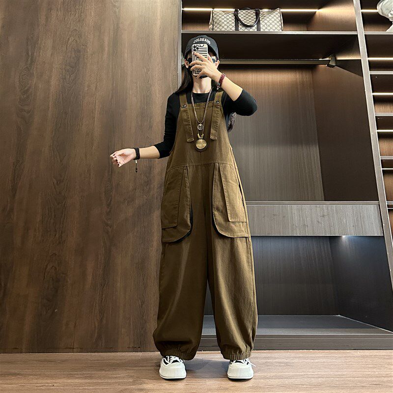 复古大口袋工装背带裤女秋季宽松阔腿灯笼裤洋气减龄连体吊带裤潮