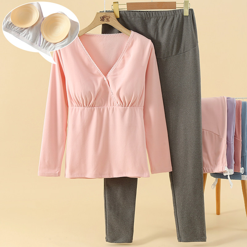 薄绒月子服孕妇发热衣产后秋冬季德绒带胸垫哺乳衣秋衣卫生裤睡衣