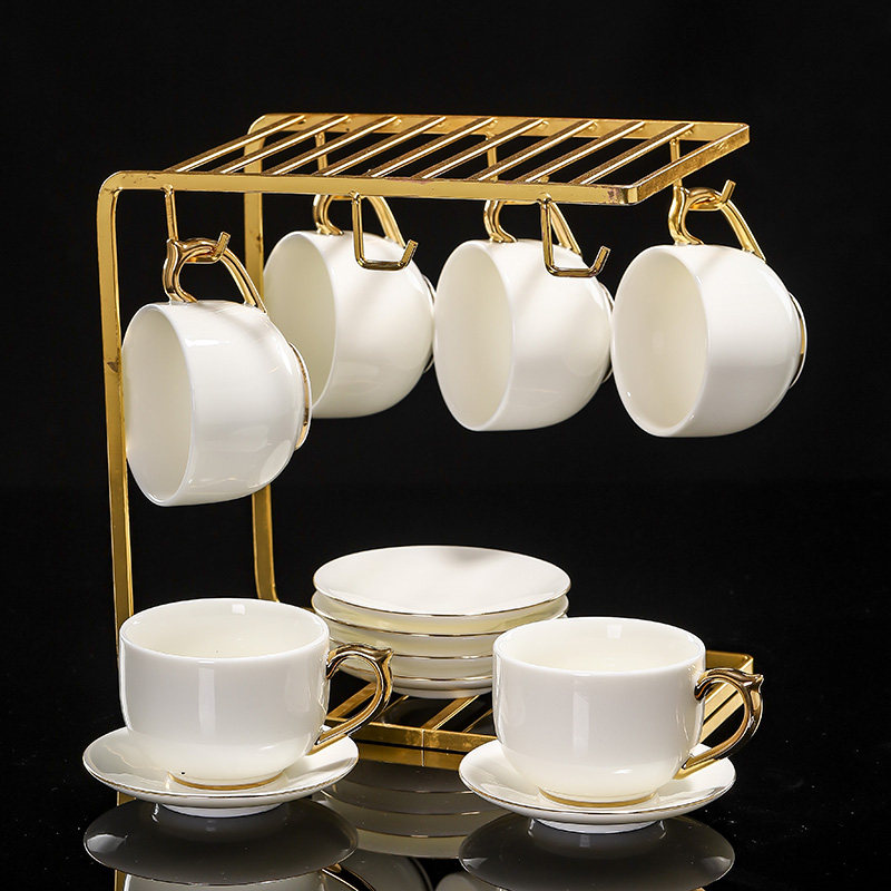 高档羊脂玉白瓷茶杯套装纯色现代轻奢带杯架家用办公泡茶杯咖啡杯