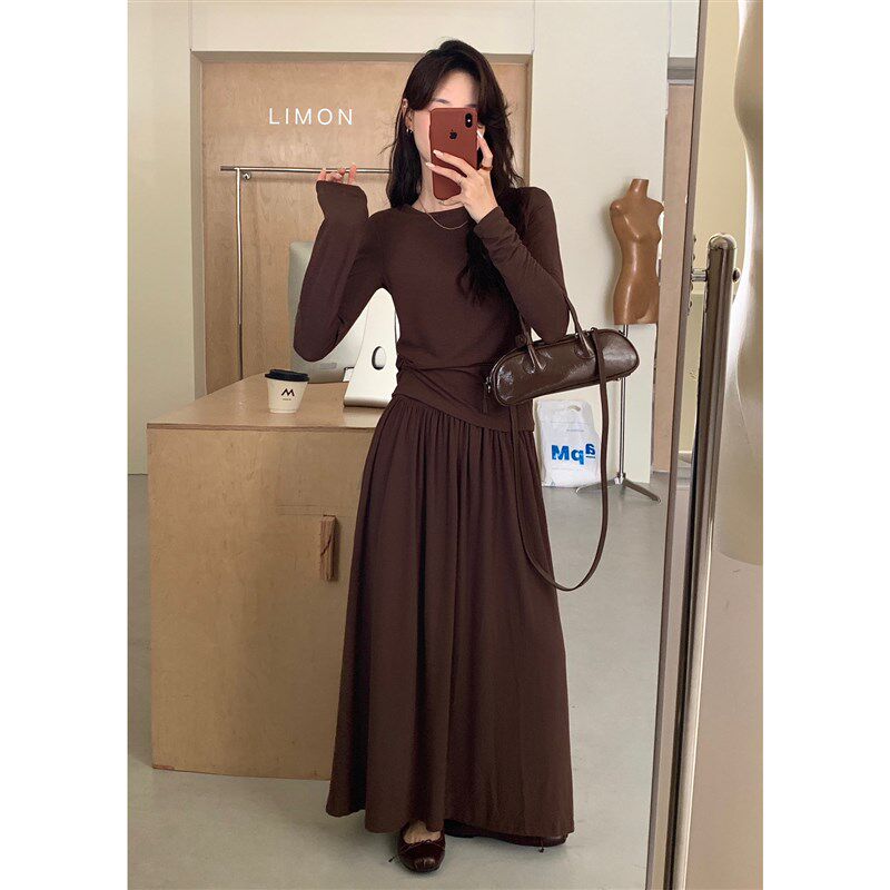 灰色长袖T恤女上衣两件套早秋高腰显瘦垂坠感休闲套装半身a字长裙
