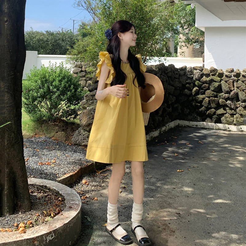 夏季飞袖设计感甜美减龄黄色孕妇连衣裙2025休闲纯X棉遮肚孕妇裙